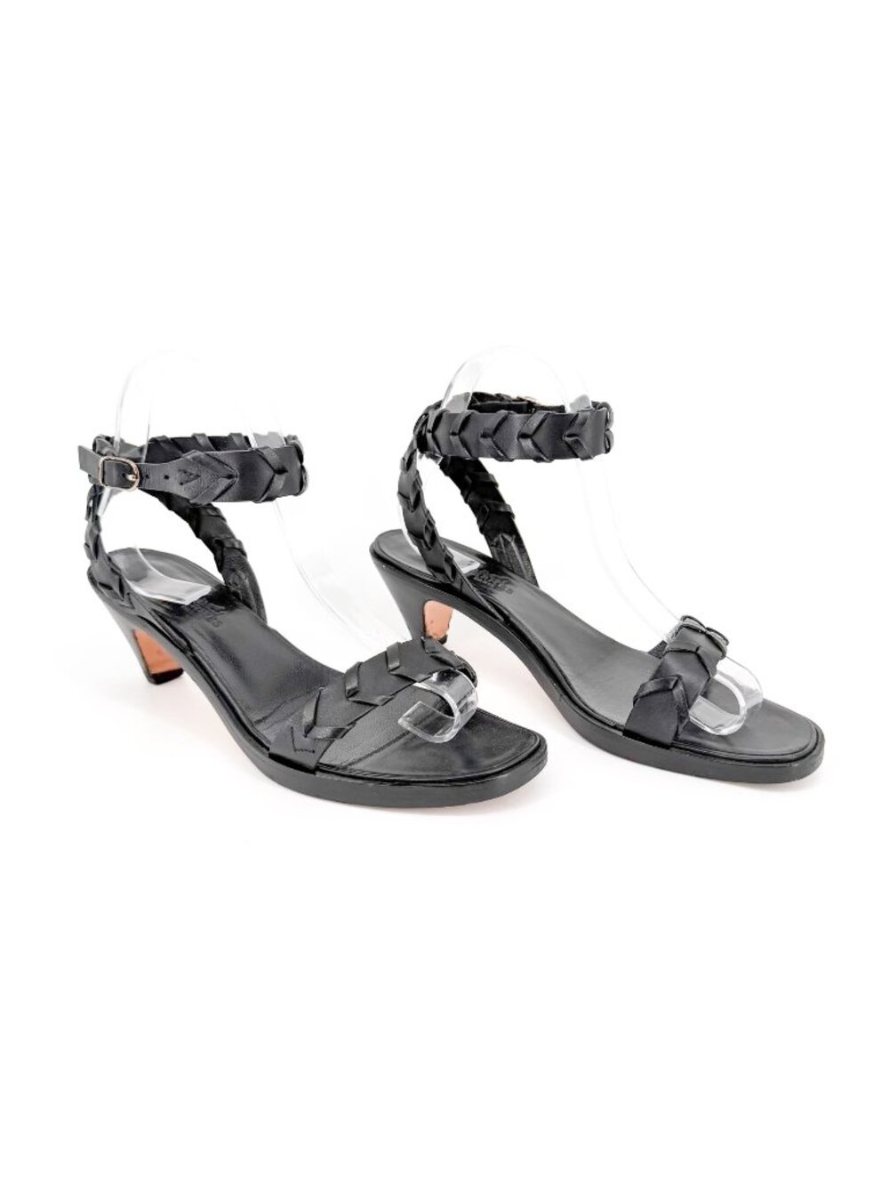Hermes Vintage Woven Kitten Heel Sandals Black Leather Size 39 US 8.5 Women’s